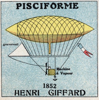 Balões: envelope pisciforme de Henri Giffard (1825-1882) em 1852. Ilustração anônima de 1925. Coleção privada. de Anonymous Anonymous