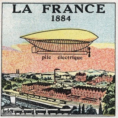 Balões: o dirigível "La France" em 1884 utilizando a bateria eléctrica inventada pelos franceses Renard e Krebs. Ilustração anónima a partir de 1925. Coleção particular. de Anonymous Anonymous