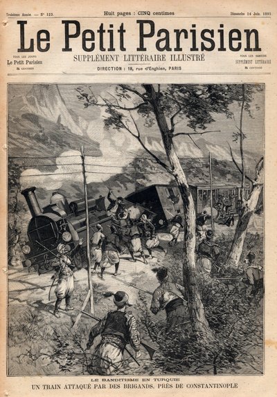 Banditismo na Turquia, um comboio atacado por assaltantes perto de Constantinopla. Gravura em "Le petit Parisien", de 1891. Colecção privada. de Anonymous Anonymous