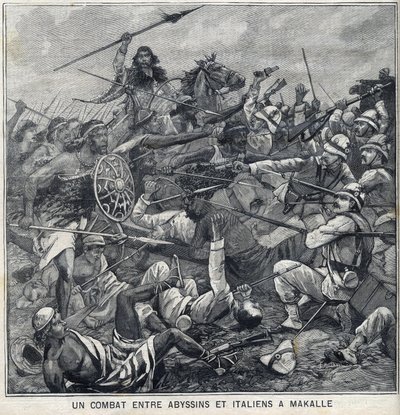 Batalha entre Abissínos de Menelik II e italianos em Makalle, Etiópia. Gravação em "Le Petite Parisien". de Anonymous Anonymous