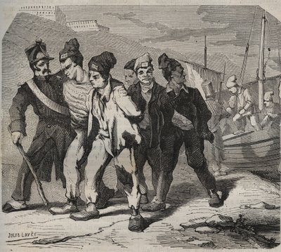 Belle-Ile-en-Mer (bela ilha no mar), no século XIX. Gravura em "Histoire des bagnes depuis leur création à nos jours" (1877) de Pierre Zaccone (1817-1895) (Colonia Penale - colônia penal) de Anonymous Anonymous