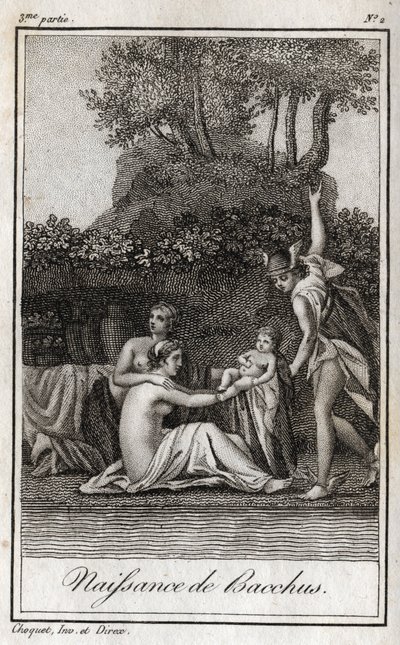 Nascimento de Baco, filho de Júpiter e Semele. Gravura de 1819 em "Lettres a Emilie sur la mythologie" de Charles Albert Demoustier (1760-1801). Coleção particular. de Anonymous Anonymous