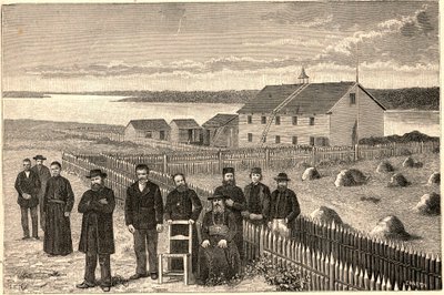 Bispo Isidore Clut (1832-1903), R.P. Le Corre e outros membros da Missão Providence em Athabaska Mackenzie (Athabaska-Mackenzie), no Canadá, no final do século XIX. Gravura em "Les Missions Catholiques au XIXeme Siecle", de Louis-Eugene (Lou de Anonymous Anonymous
