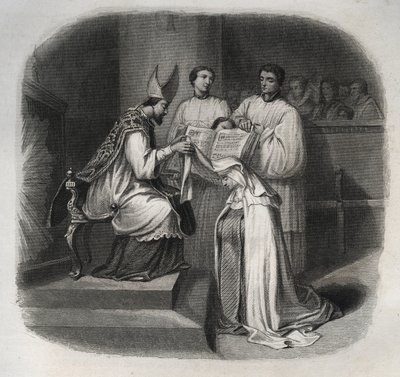 Beata Maria da Encarnação (Beard Jeanne Avrillot) (1566-1618) Mística francesa recebendo o véu de Carmelita em 1614. Gravura de 1846 em "Vidas dos Santos". Coleção privada. de Anonymous Anonymous