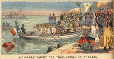 Embarque de cavaleiros senegaleses com sua esposa. Gravura do jornal "Le Petite Parisien", em 22/03/1908. Colecção privada. de Anonymous Anonymous