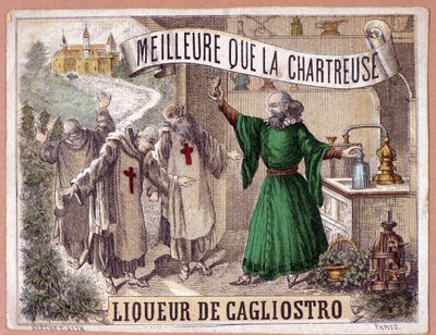 Licor de Cagliostro feito a partir da destilação de ervas aromáticas por monges. chromolithographof do século XIX. de Anonymous Anonymous