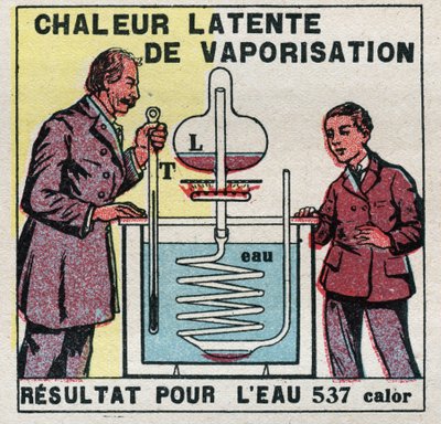Calorimetria: o calor latente de vaporização medido pelo calorímetro de Marcellin Berthelot (1827-1907). Ilustração anônima de 1925. Coleção privada. de Anonymous Anonymous