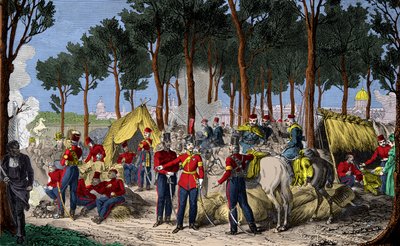 Acampamento das tropas russas e inglesas em Champs Elysees em Paris, em julho de 1815, após a derrota de Napoleão 1st, Engraving, Private Collection de Anonymous Anonymous