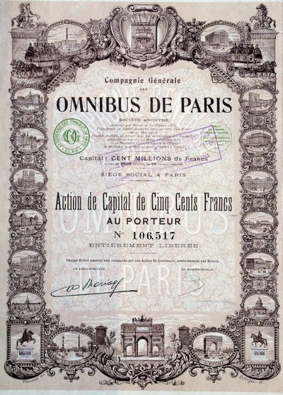 Participação no capital de 500 Francos no omnibus de Paris, Coll. do século XX. Acção de Anonymous Anonymous