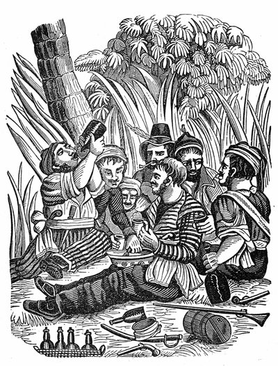 A tripulação do Capitão Bartholomew Roberts descansa perto do antigo rio Calabar, no final do século XVII. Gravação do "O próprio livro dos piratas" de 1837. de Anonymous Anonymous
