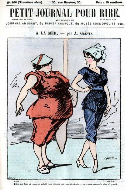 Desenho animado sobre as pessoas no mar. Duas mulheres, uma das quais fala de moda: "Diz-me onde compraste o teu fato que te faz tão magro; vê o quanto o meu cresce." Gravura em "Petity Journal pour Rire", de A. Grevin. de Anonymous Anonymous