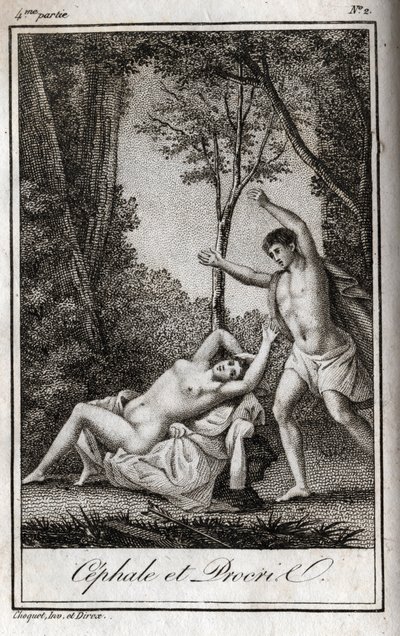 Casal de amantes de Cephale e Procris (Cephalus). Gravura de 1819 em "Lettres a Emilie sur la mythologie" de Charles Albert Demoustier (1760-1801). Coleção particular. de Anonymous Anonymous