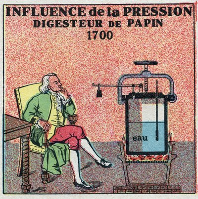 Mudanças nos estados: influência da pressão. A variação no ponto de ebulição é evidente para pressões maiores que a atmosfera por meio do pote de Denis Papin (1647-1712) chamado "digestor" em 1700. Ilustração anônima de 1925. Coleção privada de Anonymous Anonymous