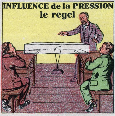Mudanças nos estados: influência da pressão sobre a fusão. Experimente o regel ou um fio esticado por um peso passa por um pedaço de gelo sem quebrá-lo. Ilustração anônima de 1925. Coleção privada. de Anonymous Anonymous