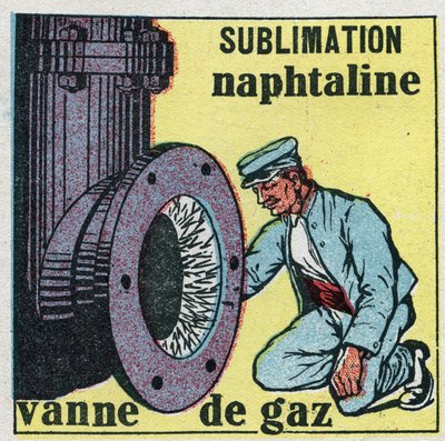 Mudanças nos estados: sublimação. Depósito de naftalina a entupir uma válvula de gás. Ilustração anónima de 1925. Coleção privada. de Anonymous Anonymous