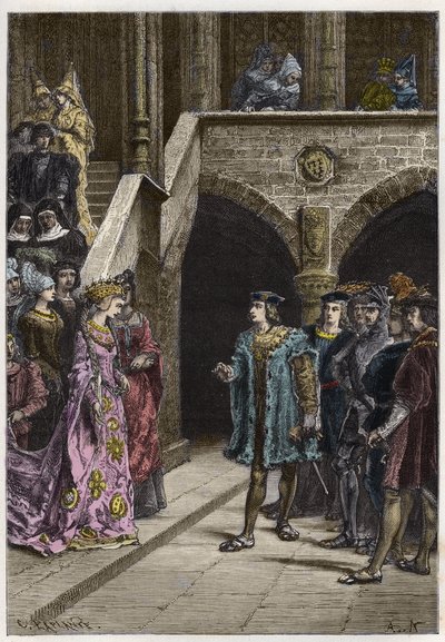 Carlos VIII e Anne de Bretagne - Encontro entre o Rei Carlos VIII (1470-98) e a Rainha Ana da Bretanha - gravura de "L