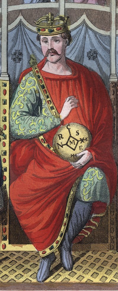 Carlos o Careca, Rei da Francia Ocidental, Itália, e Santo Imperador Romano, 823 - Retrato de Carlos II o Careca (823 - 877), Rei de França gravura de "Usi e Costumi di Tutti i Popoli dell