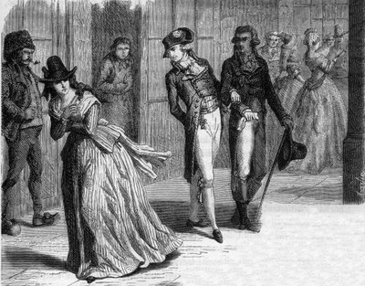 Charlotte Corday no fabricante de facas Badin, sob as arcadas do Palais-Royal em 1793 - Gravura em "Histoire des Girondins" de Alphonse de Lamartine (1790-1869) 1865-1866 - Coleção particular de Anonymous Anonymous