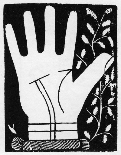 Chiromancia - Dupla linha solar quebrando contra o meio - Gravura 1545 em "A Arte do Quimio" de Andre Corvo - Coleção particular de Anonymous Anonymous