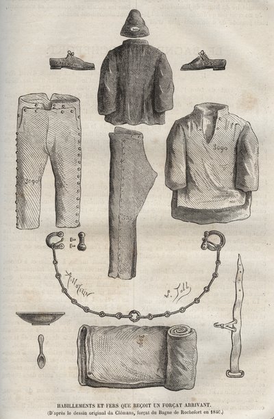 Vestuário e ferros recebidos por uma força que chegou ao bagne de Rochefort no século XIX (do desenho original de Clemans, forcat du bagne em 1840). Gravura em "Histoire des bagnes depuis leur création à nos jours" (1877) de Pierre Zaccone (18 de Anonymous Anonymous