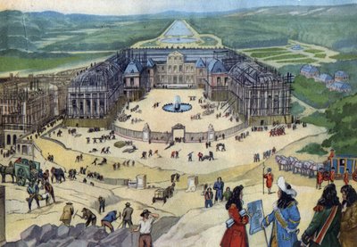 Construção do castelo de Versalhes em 1678 seguindo os planos de Jules Hardouin Mansart no primeiro plano do Rei Luís XIV. de Anonymous Anonymous