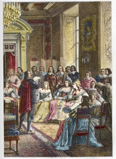 Corneille lendo sua tragédia de Polyeucte no Hotel de Rambouillet em frente a Catarina de Vivonne, Marquesa de Rambouillet e na presença dos cavaleiros e homens da Igreja (Bossuet era também um dos hábitos da Câmara Azul) - Pierre de Anonymous Anonymous
