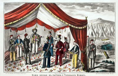 Cossacos visitando o Mushir Turco após a Batalha de Kurekdere - Anônimo - 1855 - Litografia, aquarela - 55,7x68 - Coleção Privada de Anonymous Anonymous