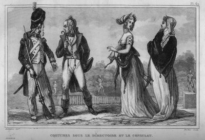 Figurino no Conselho Executivo e no Consulado. Gravura de 1859 em "Le Monde. História de todos os povos desde os tempos mais remotos até aos nossos dias". por M. E. de Lostalot-Bachoue (Lostalot Bachoue). Coleção particular. de Anonymous Anonymous