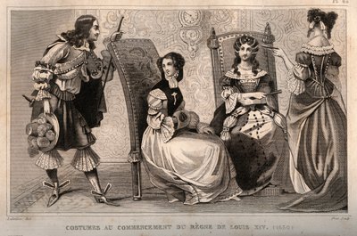 Fantasias no início do regimento de Luís XIV (1650). Gravura de 1859 em "Le Monde. História de todos os povos desde os tempos mais remotos até aos nossos dias". por M. E. de Lostalot-Bachoue (Lostalot Bachoue). Coleção particular. de Anonymous Anonymous