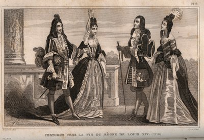 Fantasias no final do reinado do rei Luís XIV (1710). Gravura de 1859 em "Le Monde. História de todos os povos desde os tempos mais remotos até aos nossos dias". por M. E. de Lostalot-Bachoue (Lostalot Bachoue). Coleção particular. de Anonymous Anonymous