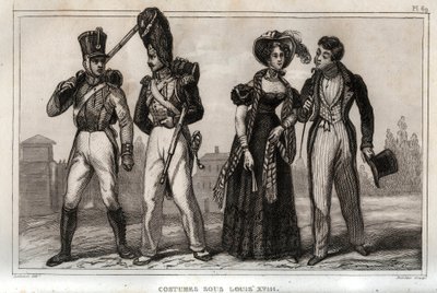 Fantasias sob Louis XVIII. Gravura de 1859 em "Le Monde. História de todos os povos desde os tempos mais remotos até aos nossos dias". por M. E. de Lostalot-Bachoue (Lostalot Bachoue). Coleção particular. de Anonymous Anonymous