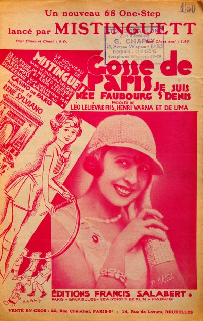 Capa da partitura "Gosse de Paris" cantada por Mistinguett (Mistinguette) (1875 - 1956), cantora francesa de Anonymous Anonymous
