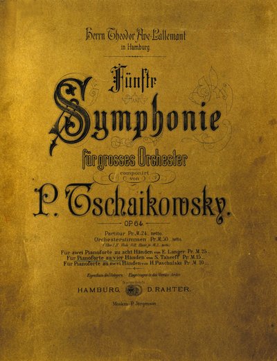 Capa da partitura da Sinfonia n. 5 em E menor Opus 64 de Piotr ou Petr Ilyich Tchaikovsky (ou Tchaikovsky ou Ciajkovskij ou Tchaikowsky de Anonymous Anonymous