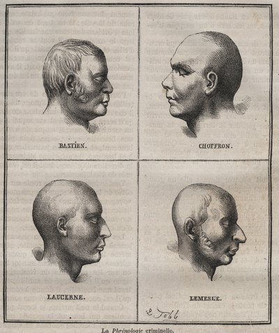 Frenologia Criminal no Brest Bagne (retratos que retratam as características fisionômicas de diferentes tipos de criminosos). Gravura em "Histoire des bagnes depuis leur création à nos jours" (1877) de Pierre Zaccone (1817-1895) (Colonia Penale - Penal de Anonymous Anonymous