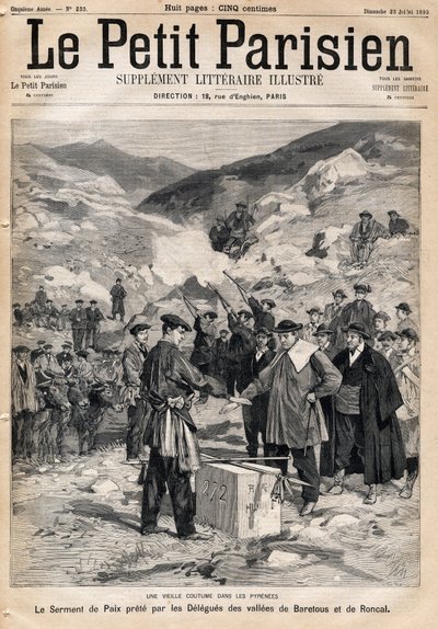 Costume dos Pirinéus: o juramento de paz feito pelas delegas dos vales de Baretous e Roncal. Um dos jornais "Le Petite Parisien" em 23/07/1893. de Anonymous Anonymous
