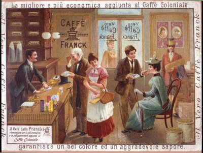 Clientes de uma mercearia a vender café. Publicidade para o "Caffe Franck". Cromolitografia, por volta de 1900. de Anonymous Anonymous