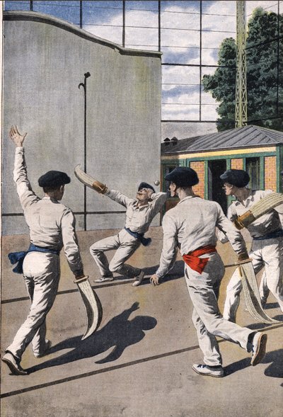 Jogo mortal de Bola Basca: um jogador recebe uma bola do adversário na cabeça e morre devido à sua lesão. Gravação no "Le Petite Journal". de Anonymous Anonymous