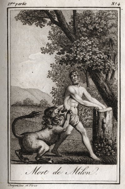Morte de Milon de Crotone (Milo de Crotone) devorado por um lobo. Gravura de 1819 em "Lettres a Emilie sur la mythologie" de Charles Albert Demoustier (1760-1801). Coleção privada. de Anonymous Anonymous