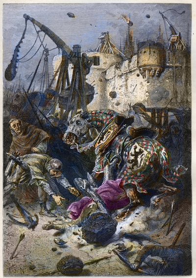 Morte de Simão IV de Montfort (1150-1218) aristocrata francês, na sede de Toulouse em 1218 - Morte de Simão de Montfort durante a Batalha de Toulouse, 25 de junho de Anonymous Anonymous