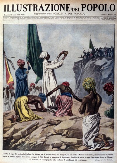Manifestação liderada pelo líder político Mohandas Karamchand Gandhi (1869-1948) para protestar contra as autoridades inglesas, representando uma cerimónia durante a chamada marcha dos Mártires em direcção a Jalaipur. Ilustração retirada de "L