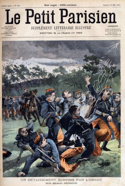 Destacamento de soldados surpreendidos pela tempestade: sete soldados serão atingidos, no "Le Petit Parisien" em 19/05/1901 (gravura) de Anonymous Anonymous