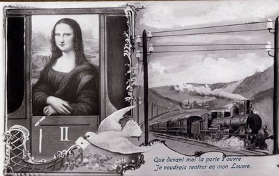 Representação de "A Mona Lisa" (Mona Lisa, Monna Lisa) de Leonard de Vinci (Leonardo da Vinci) (1452-1519):" A pintura é representada num comboio, desejando encontrar o seu museu. Cartão postal de comédia editado no momento do roubo da obra por de Anonymous Anonymous