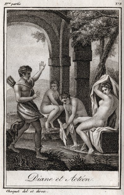 Diane e Acteon (Diana e Actaeon) Diane surpreendida no banho pelo caçador Acteon. Gravura de 1819 em "Lettres a Emilie sur la mythologie" de Charles Albert Demoustier (1760-1801). Coleção particular. de Anonymous Anonymous