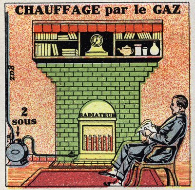Aquecimento doméstico: aquecimento a gás. Ilustração anónima de 1925. Coleção privada. de Anonymous Anonymous