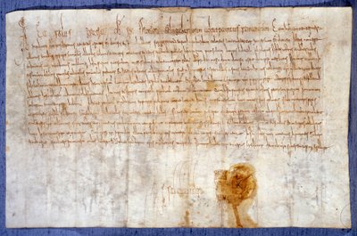 Doação do Rei Carlos Magno (Carlos I, Carlos o Grande ou Carolus Magnus) (742-814) dos domínios de Luzarches e Mussy para a abadia de Saint Denis em 25/02/775. Paris, Arquivo Nacional de Anonymous Anonymous