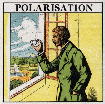 Dupla refracção: Etienne Louis Malus (1775-1812) observa, através de um raio, a luz do pôr-do-sol reflectida pelas janelas de vidro do Luxemburgo em 1808. Ilustração anónima a partir de 1925. Colecção privada. de Anonymous Anonymous