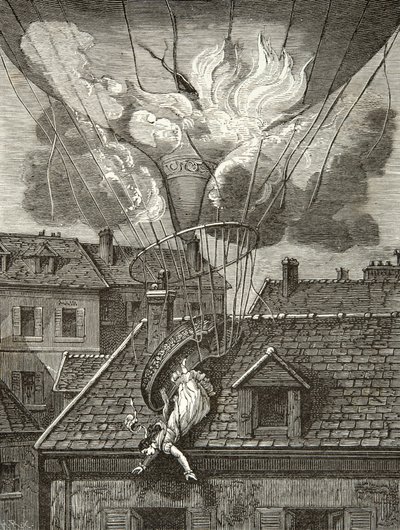 Morte dramática de Madame Sophie Blanchard (1778-1819), aeronáutica em 6 de julho de 1819 sobre os jardins do Tivoli em Paris, Gravura, Coleção Privada de Anonymous Anonymous