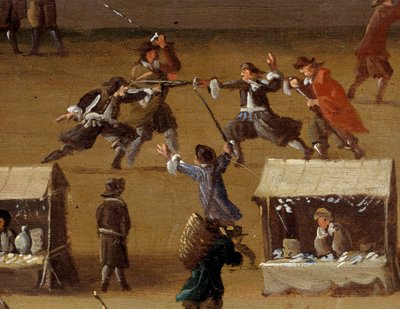 Cena de duelo na Pont Neuf em Paris no século XVII Detalhe. Pintura anónima. Paris, Musee Carnavalet de Anonymous Anonymous