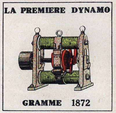 Dínamo: o primeiro dínamo inventado por Zenobe Theophile Gram (1826-1901) em 1872. Ilustração anônima a partir de 1925. Coleção privada. de Anonymous Anonymous