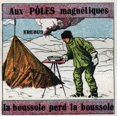 Magnetismo terrestre: nos pólos magnéticos, o compasso perde o compasso. O cientista James Clark Ross (1800-1862) usa um compasso durante sua expedição científica à Antártica. Atrás dele está o vulcão Erebus, que ele descobriu em 1841. Ilustração anônima de Anonymous Anonymous
